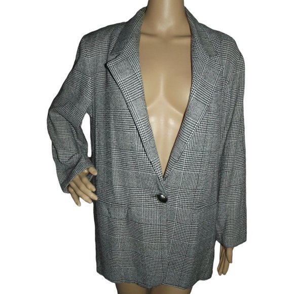 Vtg Michael & Company Blazer Sz Medium Black White Houndstooth Boyfriend Jacket - Picture 1 of 9